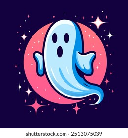 Lindo fantasma. Personaje espeluznante de dibujos animados. Volar embrujado. Fantasma con luna y estrellas. Fantasma de Halloween. Divertido icono de espíritu feliz. Espectro mágico de miedo. Un fantasma levitante. Libro de espíritu de Halloween. Personaje fantasma