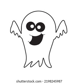 Cute Ghost In Cartoon Style Trying To Scare. Vector Illustration Isolated On White Background.