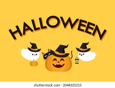 Cute ghost cartoon vector. Ghost character design. Pumpkin face. Halloween poster.
