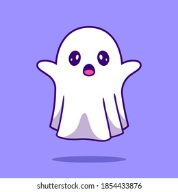 Cute Ghost Cartoon Vector Icon Illustration. Ghost Halloween Icon Concept Isolated Premium Vector. Flat Cartoon Style