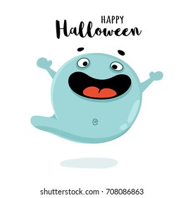 Cute ghost cartoon vector illustration with inscription "Happy Halloween". Kind spook for kid's halloween party design, holiday invitation cards and posters.