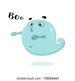 Cute ghost cartoon vector illustration with inscription "Boo". Kind spook for kid's halloween party design, holiday invitation cards and posters.