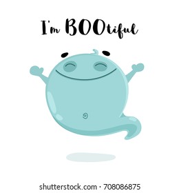 Cute ghost cartoon vector illustration with inscription "I'm BOOtiful". Kind spook for kid's halloween party design, holiday invitation cards and posters.