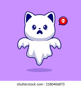 Cute Ghost Cat Cartoon Vector Icon Illustration. Animal Holiday Icon Concept Isolated Premium Vector. Flat Cartoon Style