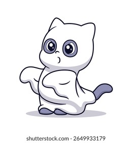 Cute Ghost Cat Cartoon Vector Icon Illustration. Animal Holiday Icon Concept Isolated Premium Vector. Flat Cartoon Style
