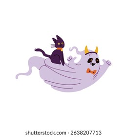 Cute ghost and cat character in a playful scene. The friendly spirit is flying with a little black cat, vector illustration for Halloween.