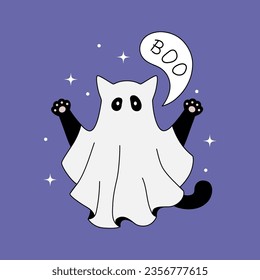 Cute ghost cat halloween theme flat vector illustration.