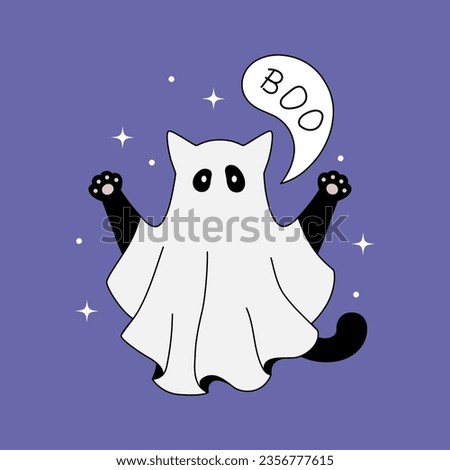 Cute ghost cat halloween theme flat vector illustration.