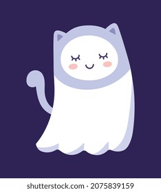 Cute ghost with cat hat. Stickers for children, sweet character. Graphic elements for website. Spirit of kitten, pictures for printing on childrens clothing. Cartoon flat vector illustration