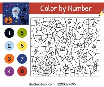 Cute ghost  cat   pumpkin color by number game for kids  Coloring page and cute Halloween characters  Printable worksheet and solution for school   preschool  Vector illustration