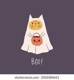 Cute ghost cat vector illustration. Funny Halloween haunted, boo spooky. Happy Holiday quote, funny design. Happy halloween greeting card with cute cat with pumpkin.