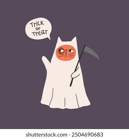 Cute ghost cat vector illustration. Funny Halloween haunted, boo spooky. Happy Holiday quote, funny design. Happy halloween greeting card with cute cat .