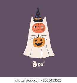 Cute ghost cat vector illustration. Funny Halloween haunted, boo spooky. Happy Holiday quote, funny design. Happy halloween greeting card with cute cat with pumpkin.