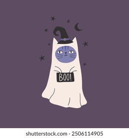 Cute ghost cat vector illustration. Funny Halloween haunted, boo spooky. Happy Holiday quote, funny design. Happy halloween greeting card with cute cat with hat.