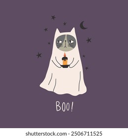 Cute ghost cat vector illustration. Funny Halloween haunted, boo spooky. Happy Holiday quote, funny design. Happy halloween greeting card with cute cat with candle.