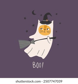 Cute ghost cat vector illustration. Funny Halloween haunted, boo spooky. Happy Holiday quote, funny design. Happy halloween greeting card with cute cat with broom.