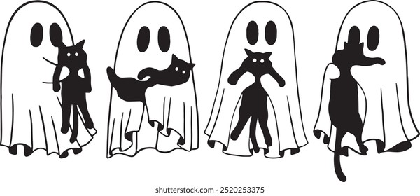 Vetor de gato fantasma bonito, Eps de Halloween retrô, Vetor de gato fantasma, Eps temporada assustador, Vetor de gato de Halloween, Eps amor de gato, Eps de Halloween de gatos pretos fantasmas