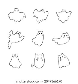 Cute ghost cats Halloween collection. Funny spooky character.