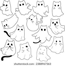 Cute ghost cats on Halloween theme, vector