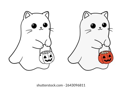 Cute Ghost Cats with Pumpkin Pails for Halloween