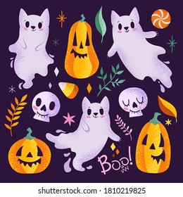 Cute ghost cats, pumpkins and skulls on a purple background. Autumn children's illustration, halloween set