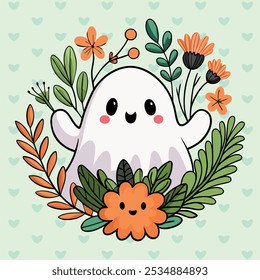 Cute ghost character adorned with flowers and leaves, drawn in a kawaii style.