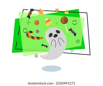 Cute ghost character among sweets, lollipops and candies vector illustration on abstract background. Halloween celebration, party, holiday concept. Can be used for banner or invitation design