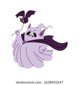 A cute ghost character with a bat captures a playful, whimsical Halloween vibe.