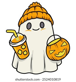 A cute ghost character with candy basket