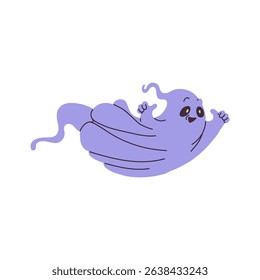 A cute ghost character in a cartoon style. Playful creature purple hue and cheerful expression, Halloween-themed vector illustrations.