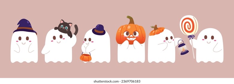 Personaje fantasma lindo celebra Halloween con calabaza, gato y canto, vector, ilustración