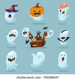Cute ghost character in costume: pumpkins, witches hat, vampire, zombie and haunted house. Vector cartoon icons set for Halloween.