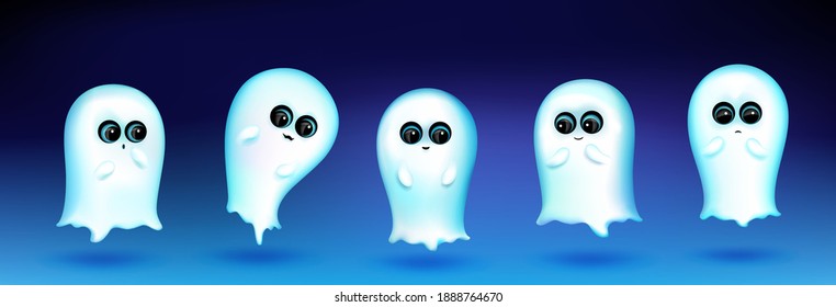 Cute ghost character with different emotions on blue background. Vector set of cartoon mascot, white phantom smiling, greeting, sad and surprised. Creative emoji set, funny spirit chatbot