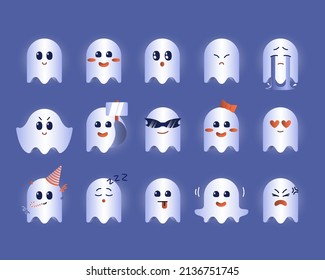 Cute ghost character with different emotions. Big Vector set