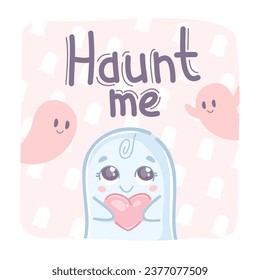 Cute ghost character in doodle style, on a pink background with ghosts, with a heart in his hands, surrounded by ghosts. Haunt me. Suitable as a Halloween greeting card, poster, banner.