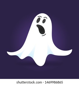 Cute ghost character flat style design vector illustration isolated on dark background. Halloween boo spooky symbol flying above the ground.