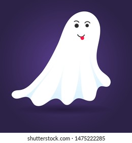 Cute ghost character flat style design vector illustration isolated on dark background. Halloween boo spooky symbol flying above the ground.