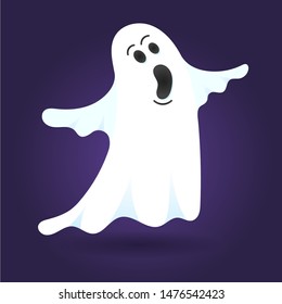 Cute ghost character flat style design vector illustration isolated on dark background. Halloween boo spooky symbol flying above the ground.