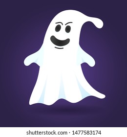 Cute ghost character flat style design vector illustration isolated on dark background. Halloween boo spooky symbol flying above the ground.