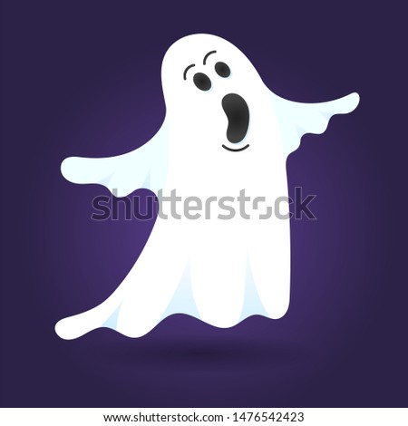 Cute ghost character flat style design vector illustration isolated on dark background. Halloween boo spooky symbol flying above the ground.