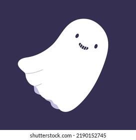 Cute ghost character floating. Funny Halloween smiling spook flying. Happy spooky creepy phantom with face, eyes and teeth. Kawaii positive spirit. Isolated childish flat vector illustration