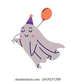 Cute Ghost Character Flying in Hat with Balloon Vector Illustration