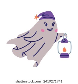 Cute Ghost Character as Flying Poltergeist Creature in Night Cap with Lantern Vector Illustration