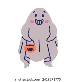 Cute Ghost Character as Flying Poltergeist Creature with Treat Basket Vector Illustration