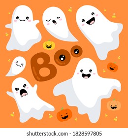 Cute ghost character and flying white spirit with Boo for Halloween. Scary and spooky monster cartoon with pumpkin and candy on orange background for greeting card. Flat vector illustration