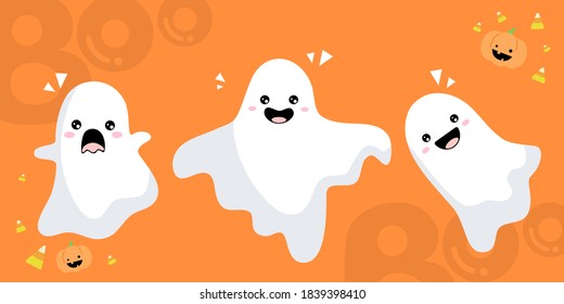 Cute ghost character and flying white spirit for Halloween. Scary and spooky monster cartoon with pumpkin and candy on orange background for banner. Flat vector illustration