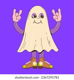 Cute ghost character for Halloween in retro cartoon style. Vector illustration of a ghost mascot in Groovvy style.