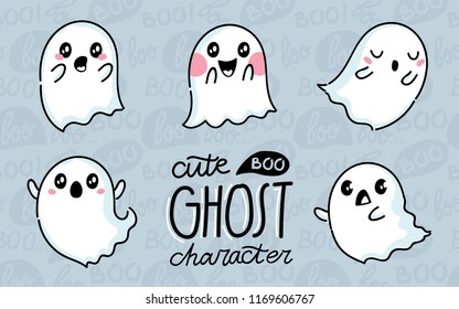 Cute Ghost character. Hand drawn set of illustrations for Halloween in cartoon style with different emotions. Can be used as mascot, stickers, emoji, emoticons
