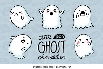 Cute Ghost character. Hand drawn set of illustrations for Halloween in cartoon style with different emotions. Can be used as mascot, stickers, emoji, emoticons
