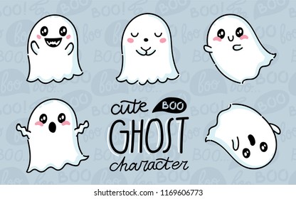 Cute Ghost character. Hand drawn set of illustrations for Halloween in cartoon style with different emotions. Can be used as mascot, stickers, emoji, emoticons
